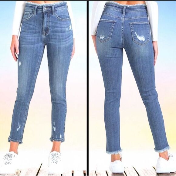 Risen High Rise Frayed Waist Vintage Wash Skinny Jeans Size 1XL - Picture 3 of 16